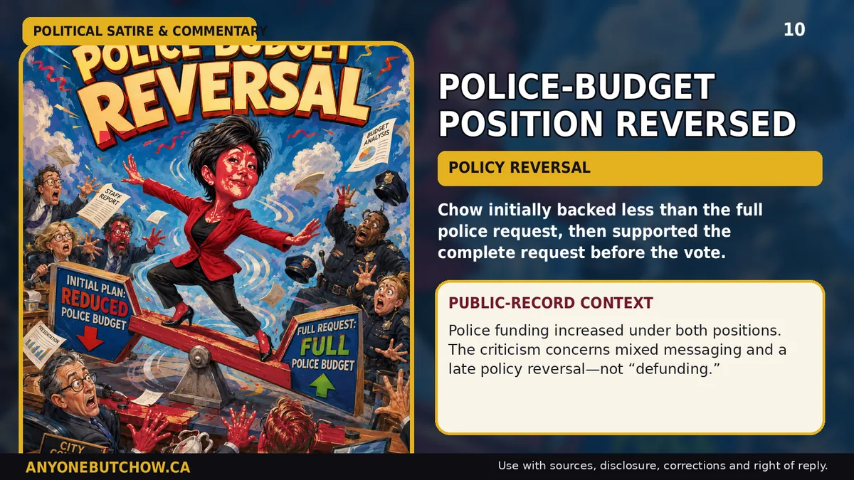 Political parody illustration for Chow reversed her police-budget position before the vote
