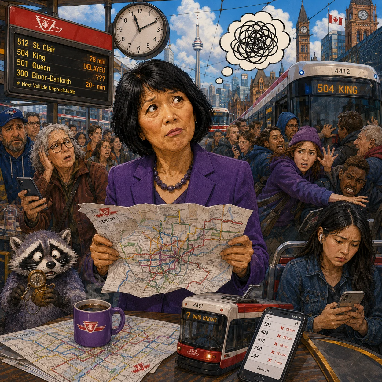 Satirical editorial illustration related to Transit.